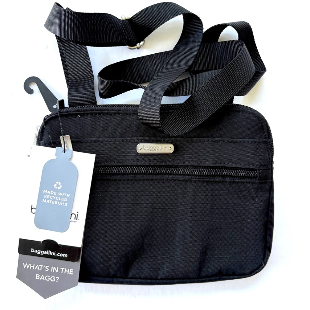 Baggallini Double Zip Medium Black Crossbody Bag RFID Adjustable Strap